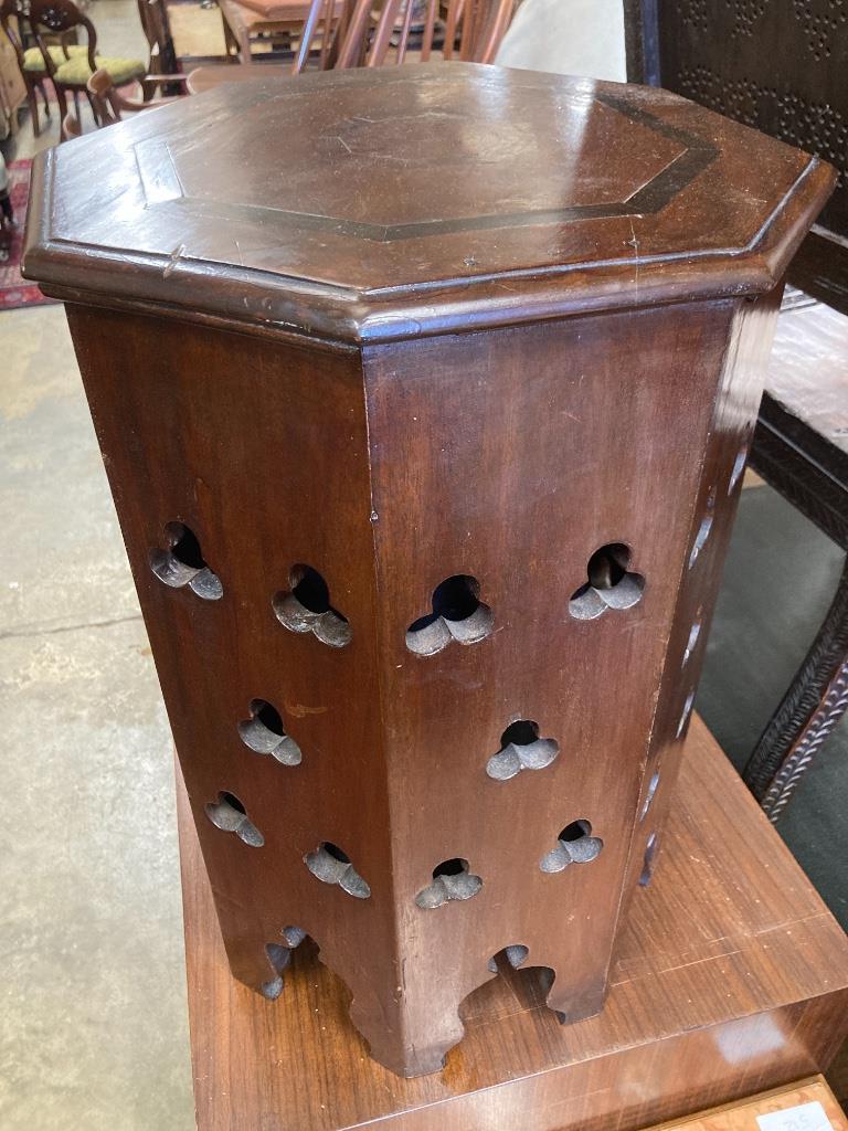 An Art Nouveau octagonal mahogany occasional table, width 34cm, depth 34cm, height 32cm together with a similar larger table